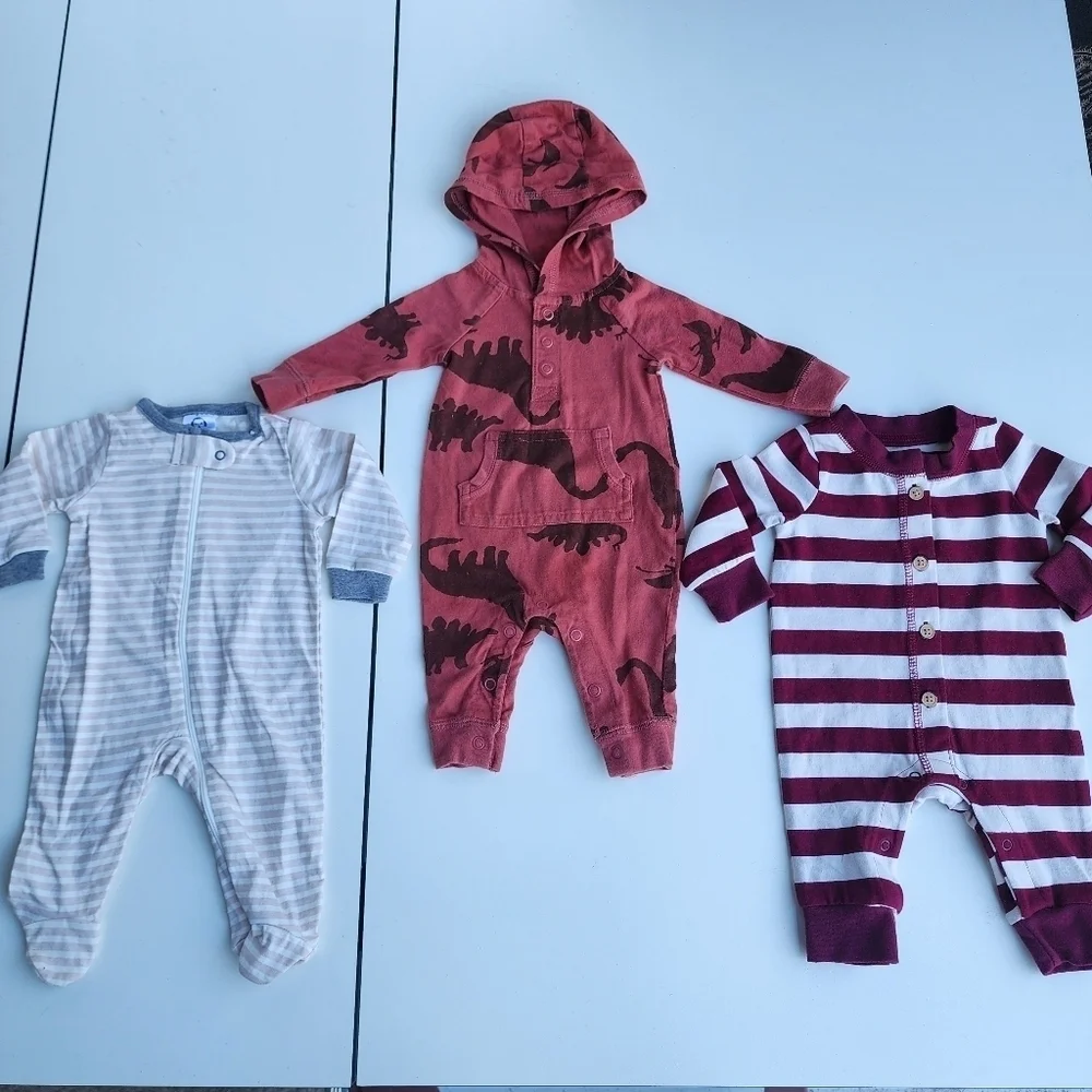 Lot of 3 Carter's Cat Jack NewBorn Baby Long Sleeve Sleepers Footless Red NB